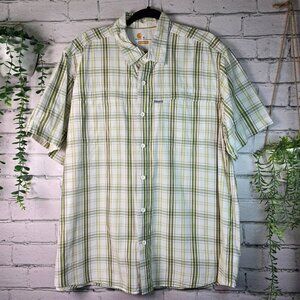 CARHARTT FORCE RELAXED FIT SHORT SLEEVE BUTTON DOWN SIZE XL WHITE GREEN YELLOW